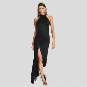 RETROFETE Sab Black Satin Maxi Dress Dark Romance Front Slit Glam Event, Size XL